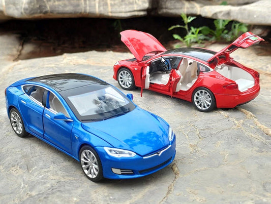 A blue and a red tesla model S toy cars