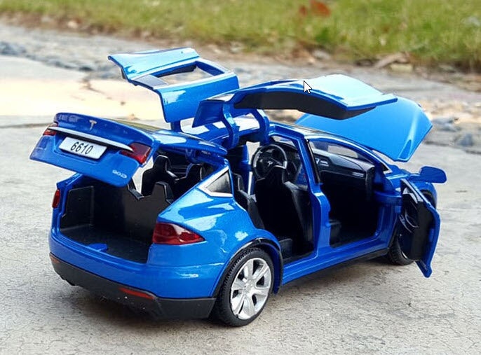 Blue Tesla model X toy car rear view