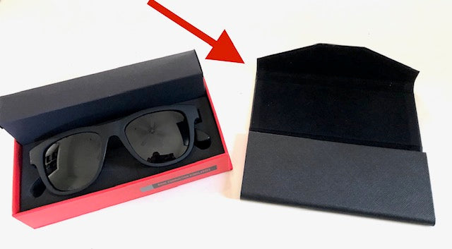 Black smart sunglasses with wireless technology for calls on a box and a fold up case