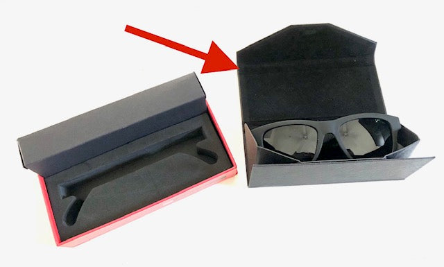 Black smart sunglasses with wireless technology for calls on a fold up and a box