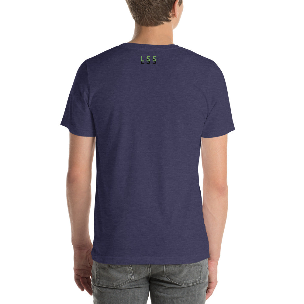 Rear view of a man wearing a blue t-shirt with the letters "LSS" imprinted on the nape of the shirt
