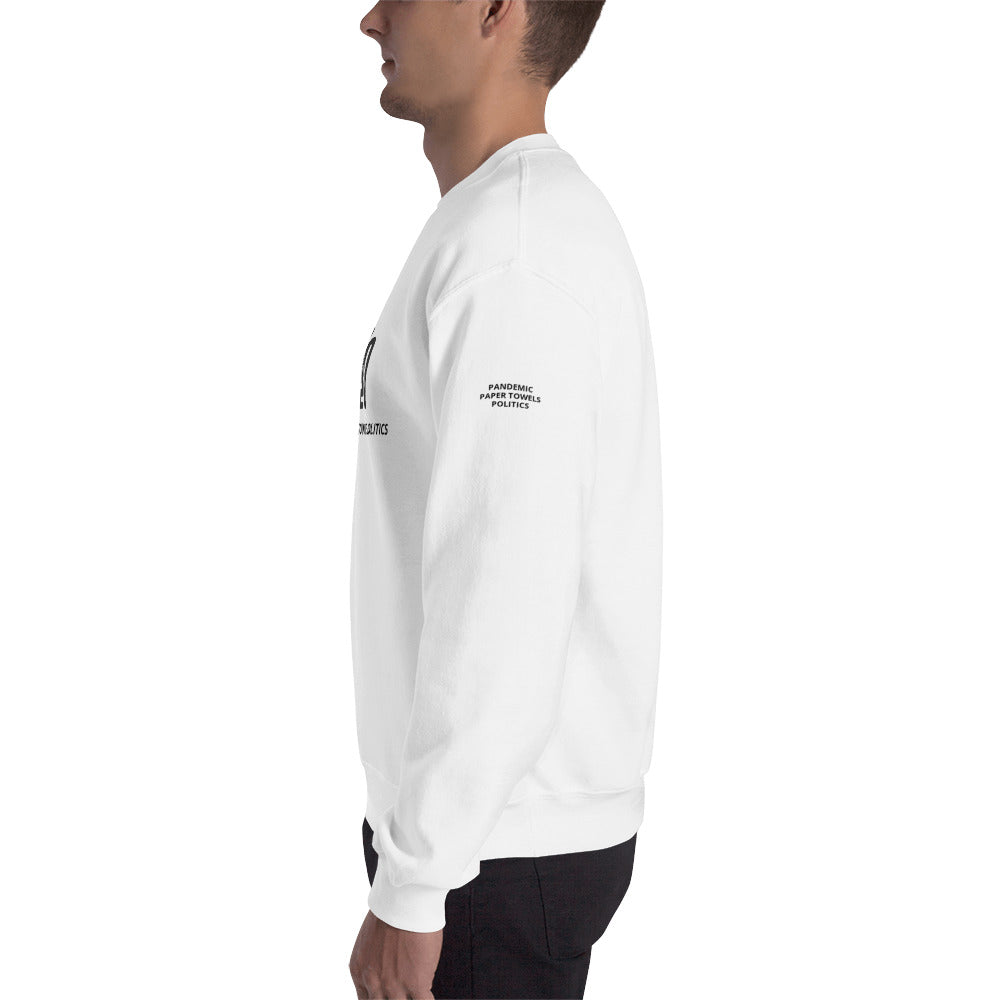 Man wearing a white sweatshirt with the F20 design imprinted on it standing sideways