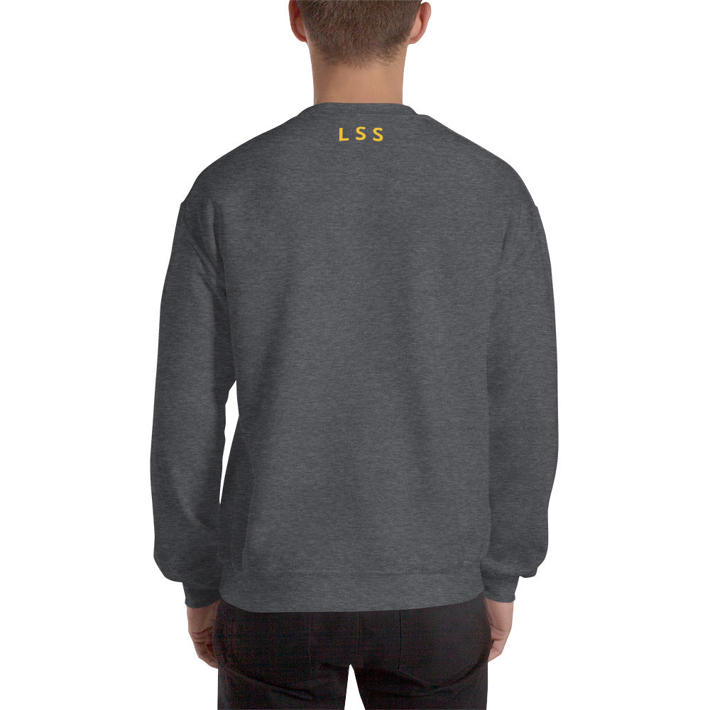 Rear view of a man wearing a dark gray crew neck sweatshirt with the letters "LSS" imprinted on the nape of the sweatshirt