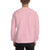 Rear view of a man wearing a pink crew neck sweatshirt with the letters "LSS" imprinted on the nape of the sweatshirt