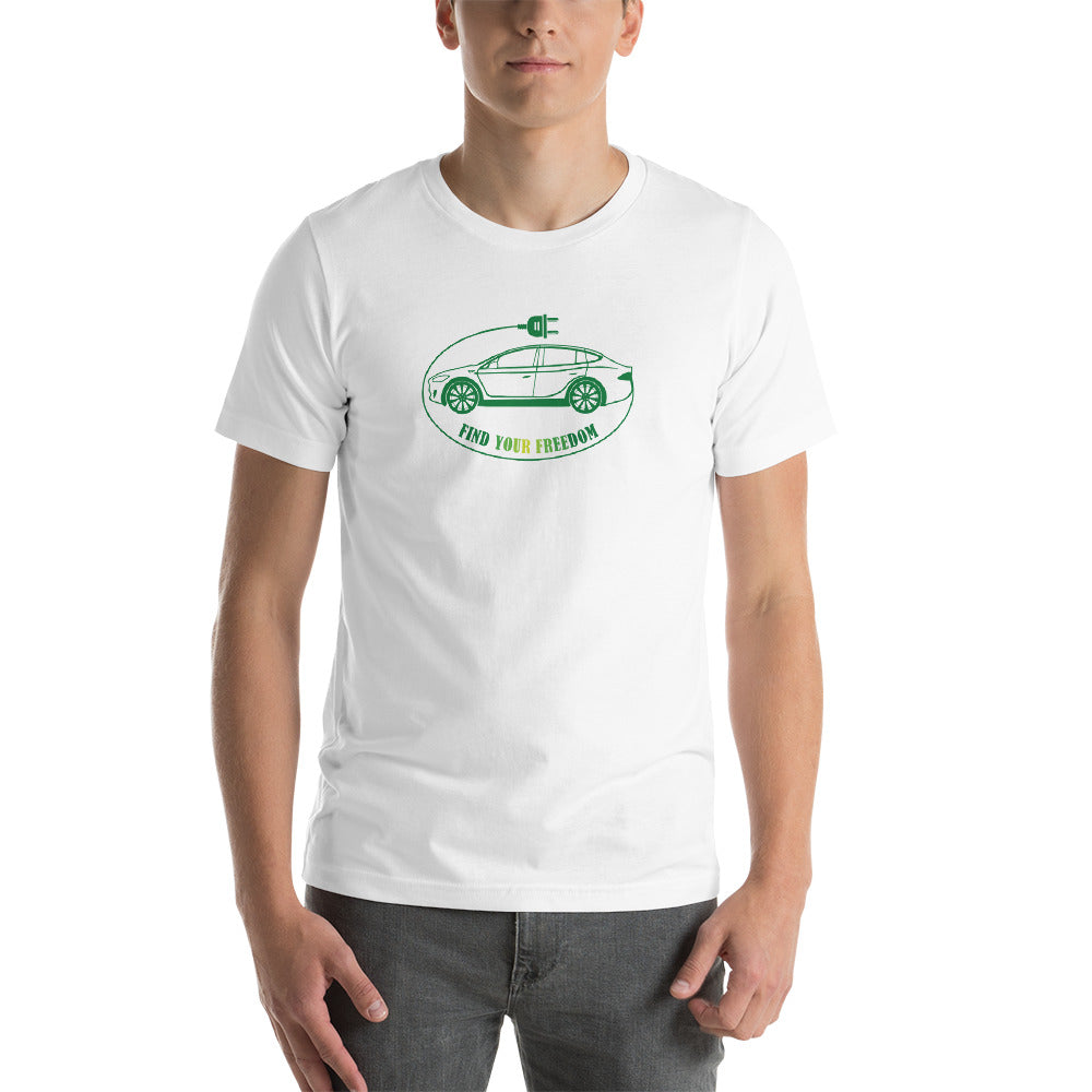 Man wearing a white t-shirt with a EV Freedom design imprinted on it