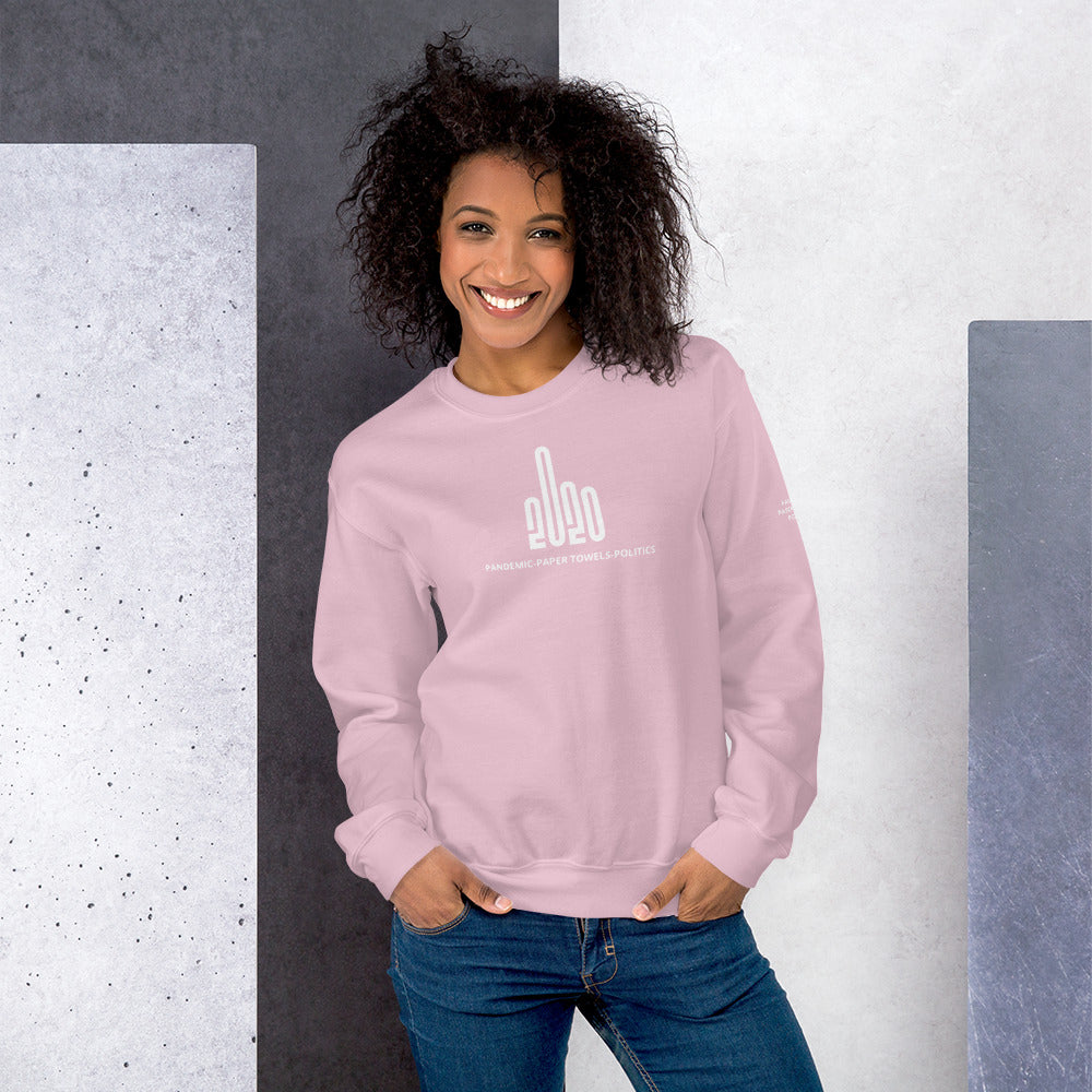Woman wearing a pink sweatshirt with the F20 design imprinted on it