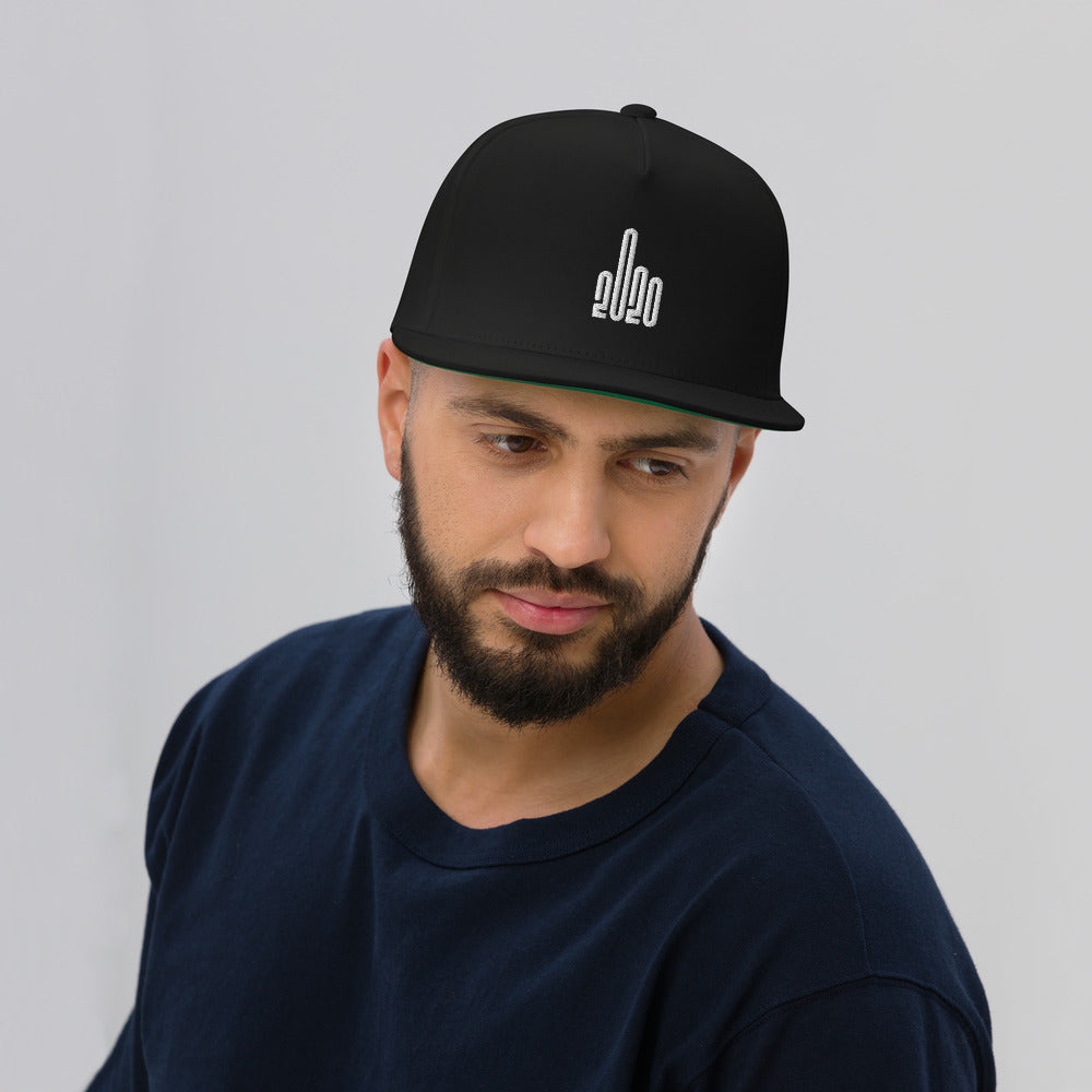 Man wearing a black snapback cap with the F20 design embroidered on it