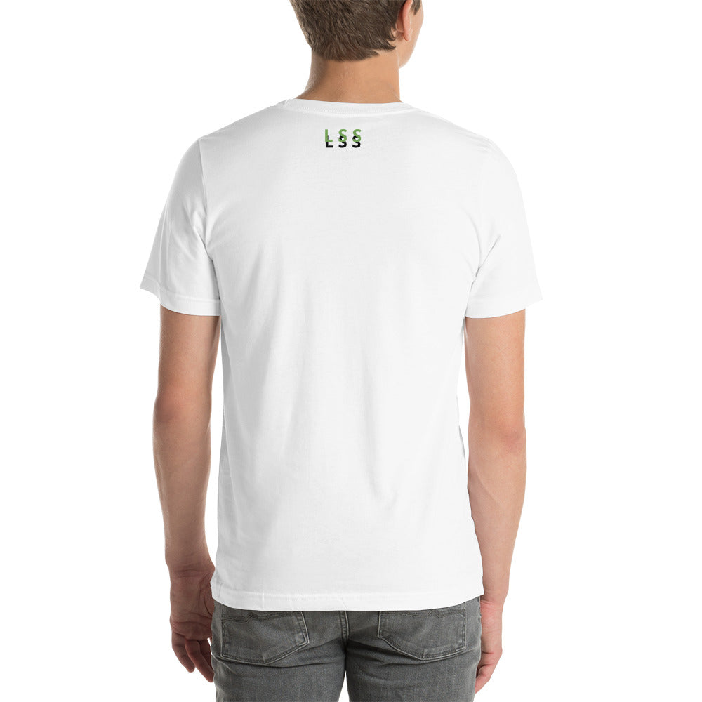 Rear view of a man wearing a white t-shirt with the letters "LSS" imprinted on the nape of the shirt