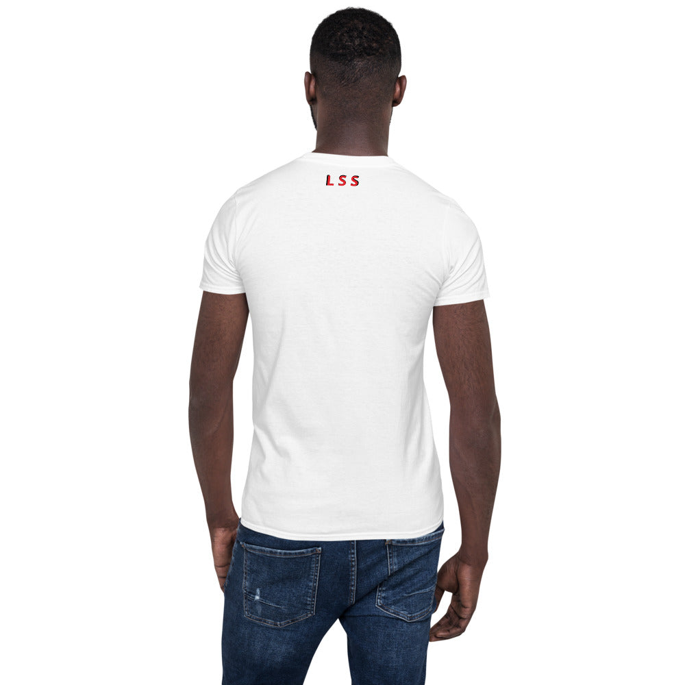 Rear view of a man wearing a white t-shirt with the letters "LSS" imprinted on the nape of the t-shirt