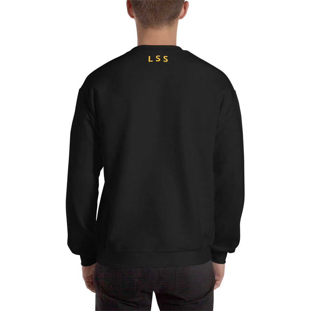 Rear view of a man wearing a black crew neck sweatshirt with the letters "LSS" imprinted on the nape of the sweatshirt