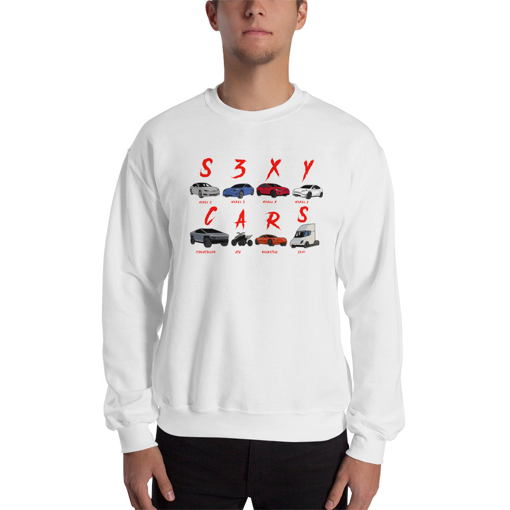 Man wearing a white sweatshirt with pictures of Tesla cars on it and texts that says "S3XY CARS"