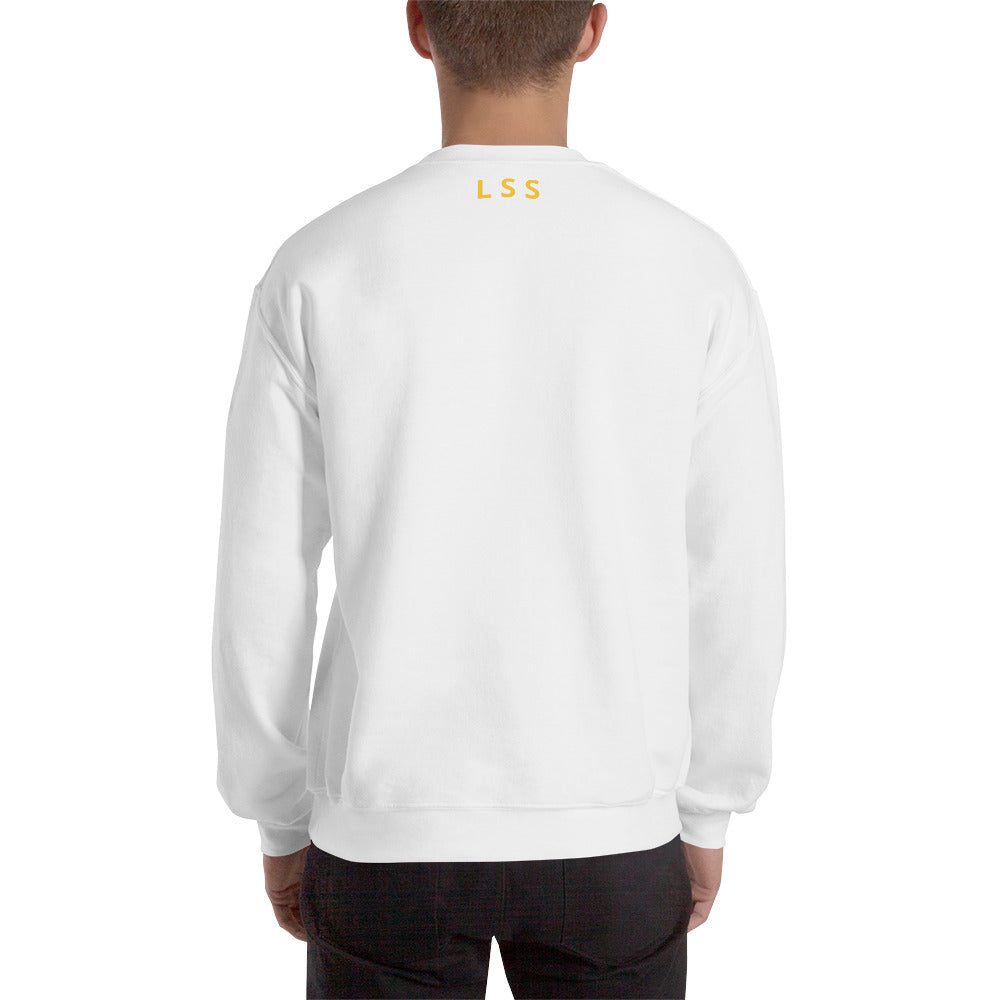 Rear view of a man wearing a white crew neck sweatshirt with the letters "LSS" imprinted on the nape of the sweatshirt