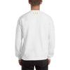 Rear view of a man wearing a white crew neck sweatshirt with the letters 
