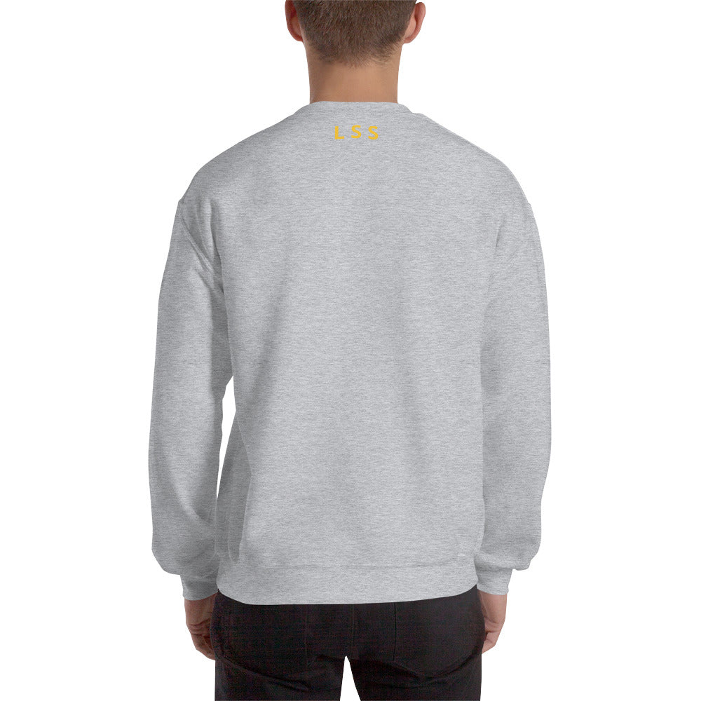 Rear view of a man wearing a gray crew neck sweatshirt with the letters "LSS" imprinted on the nape of the sweatshirt