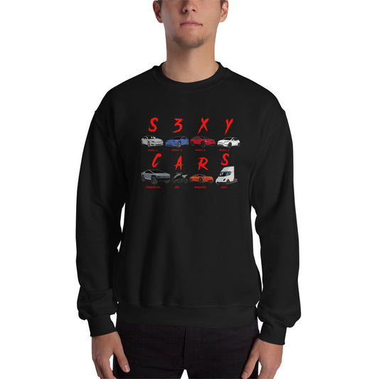 Man wearing a black sweatshirt with pictures of Tesla cars on it and texts that says "S3XY CARS"