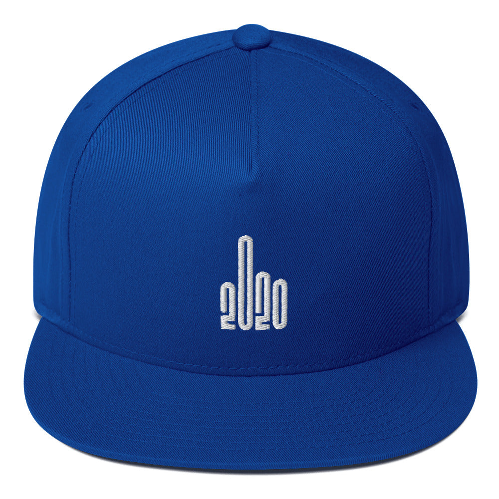 Blue snapback cap with the F20 design embroidered on it