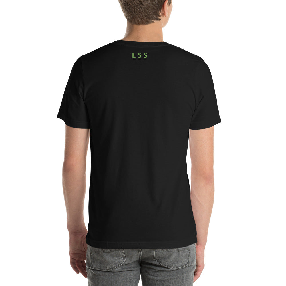 Rear view of a man wearing a black t-shirt with the letters "LSS" imprinted on the nape of the shirt