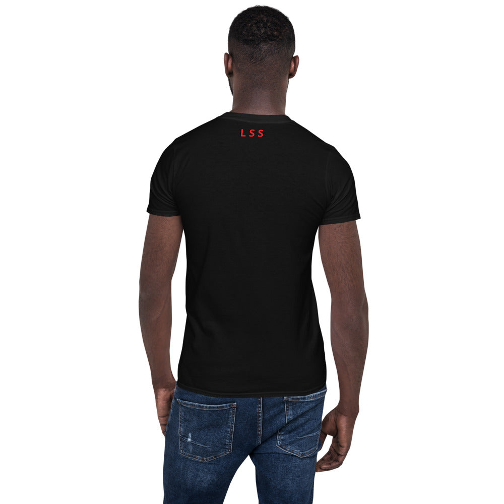 Rear view of a man wearing a black t-shirt with the letters "LSS" imprinted on the nape of the t-shirt