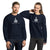Man and a woman wearing a navy sweatshirts with the F20 design imprinted on it
