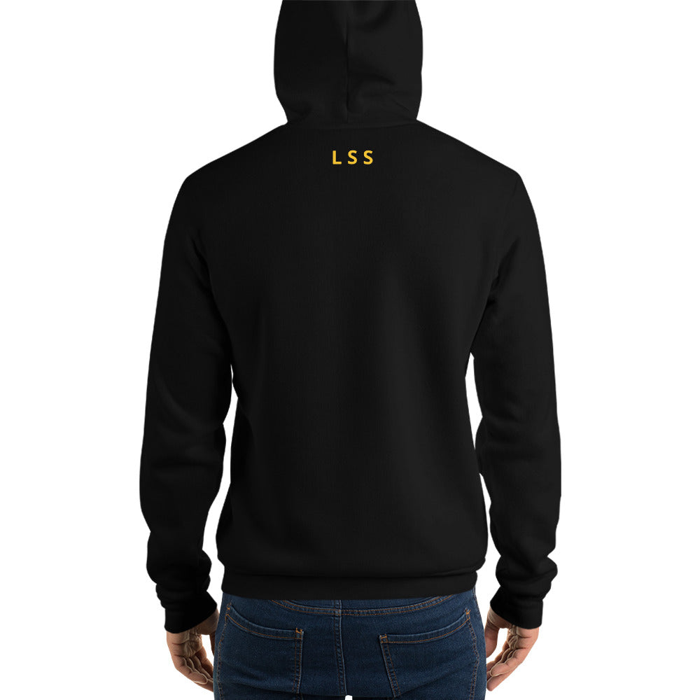 Rear view of a man wearing a black hoodie with the letters "LSS" imprinted on the nape of the hoodie