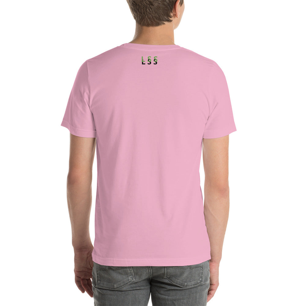 Rear view of a man wearing a pink t-shirt with the letters "LSS" imprinted on the nape of the shirt