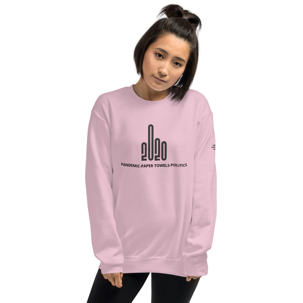 Woman wearing a pink sweatshirt with the F20 design imprinted on it