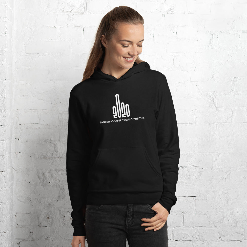 Woman wearing a black long sleeve hoodie with the F20 design imprinted on it