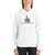 Woman wearing a white long sleeve hoodie with the F20 design imprinted on it