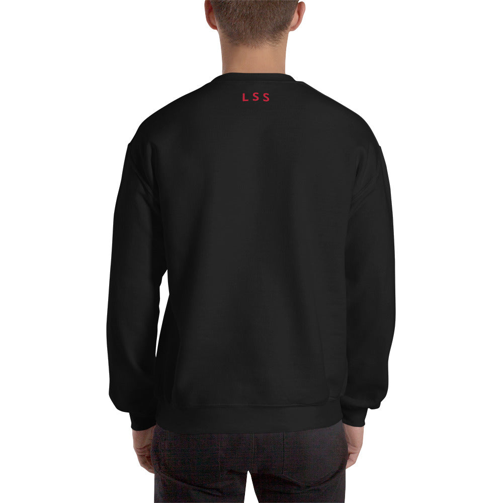 Rear view of a man wearing a black sweatshirt with the letters "LSS" imprinted on the nape of the shirt