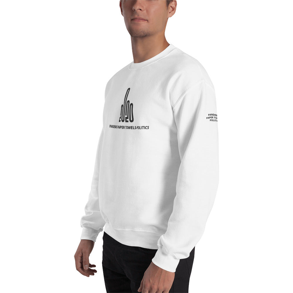 Man wearing a white sweatshirt with the F20 design imprinted on it