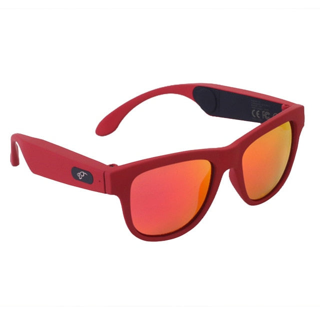 Red smart sunglasses with red-orange tints on the lenses and wireless technology for calls