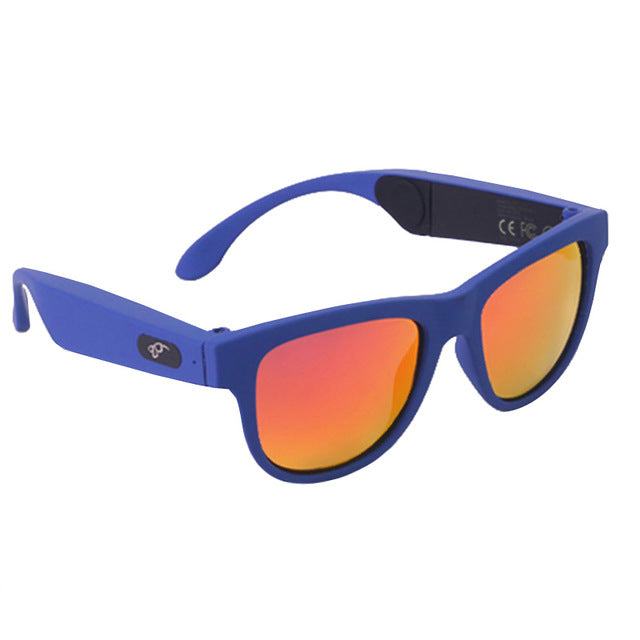 Blue smart sunglasses with red-orange tints on the lenses and wireless technology for calls