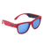 Red smart sunglasses with blue tints on the lenses and wireless technology for calls