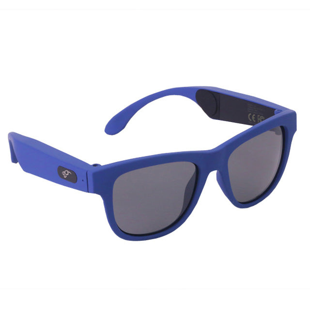Blue smart sunglasses with black tints on the lenses and wireless technology for calls