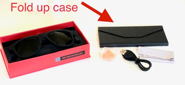 Black smart sunglasses with wireless technology for calls on a box and a fold up case